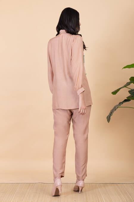 Shop_Chambray & CO._Beige All Weather Pure Silk Embroidery Appliques Raine Work Shirt And Pant Set _at_Aza_Fashions