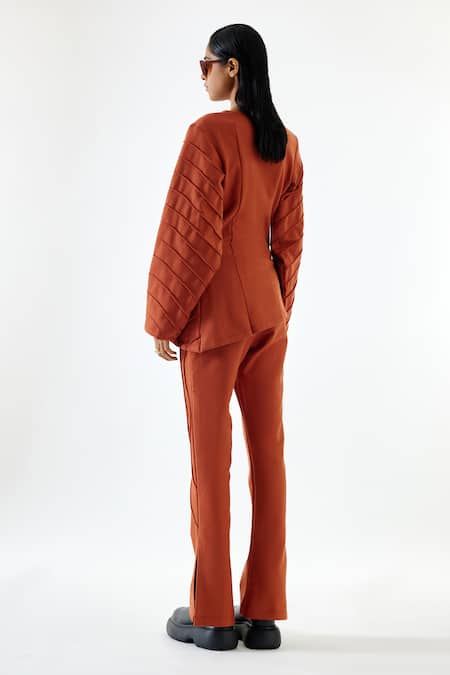 Shop Echostudio Brown Cotton, Kota Doria Round Neck Asymmetric Hem Top And Flared Pant Set at Aza Fashions Shop_Echostudio_Brown Cotton, Kota Doria Round Neck Asymmetric Hem Top And Flared Pant Set _at_Aza_Fashions