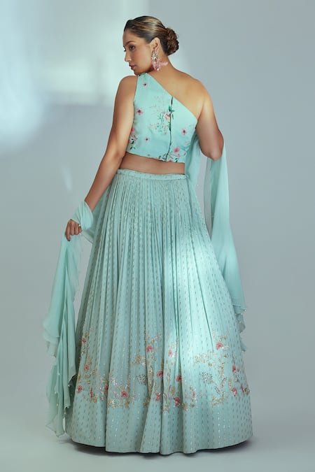 Suruchi Parakh_Blue Floral Print, Thread, Cutdana Andsequin Work Embroidered Flared Lehenga Set _Online_at_Aza_Fashions