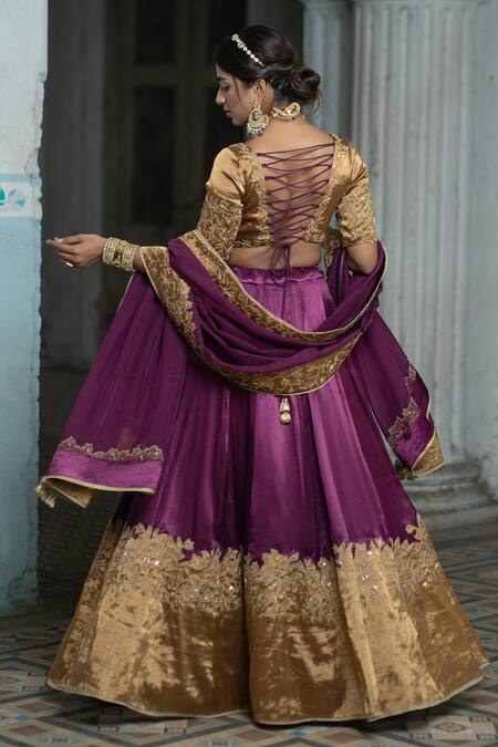 Shop Sheela Suthar Purple Gingham, Silk Embroidery, Zari, Tassels Placement Zardozi Lehenga Set at Aza Fashions Shop_Sheela Suthar_Purple Gingham, Silk Embroidery, Zari, Tassels Placement Zardozi Lehenga Set _at_Aza_Fashions