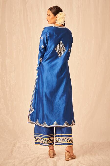 Shop Gulabo By Abu Sandeep Blue Gota Work Chanderi Silk Long Kurta at Aza Fashions Shop_Gulabo By Abu Sandeep_Blue Gota Work Chanderi Silk Long Kurta _at_Aza_Fashions