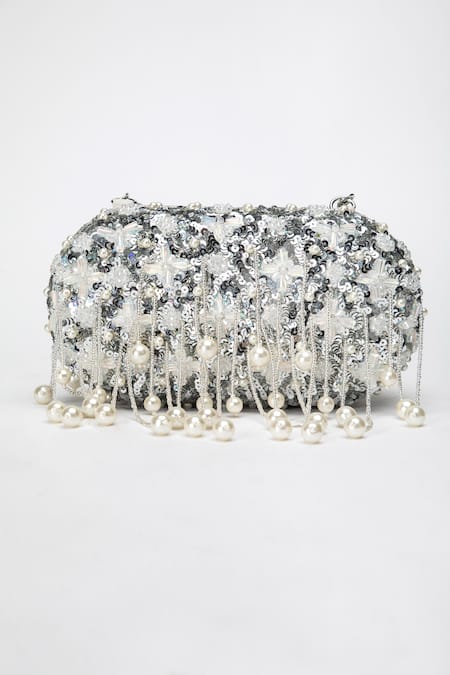 Shop Eena Silver Sequins Silk And Beads Clutch at Aza Fashions Shop_Eena_Silver Sequins Silk And Beads Clutch _at_Aza_Fashions