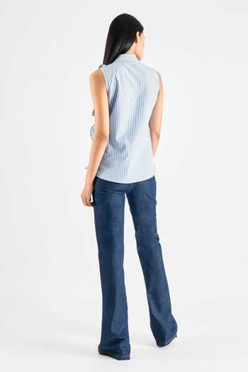 Shop Mellowdrama Blue Cotton Striped Pattern Frilled Shirt at Aza Fashions Shop_Mellowdrama_Blue Cotton Striped Pattern Frilled Shirt_at_Aza_Fashions