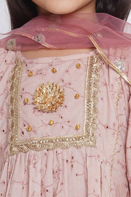 Little Bansi_Pink Cotton, Net Beads, Sequins, Embroidery Frock Kurta Sharara Set_at_Aza_Fashions