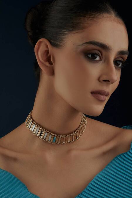 Shop_House Of Tuhina_Gold Plated Mirror Qabeela Choker _at_Aza_Fashions