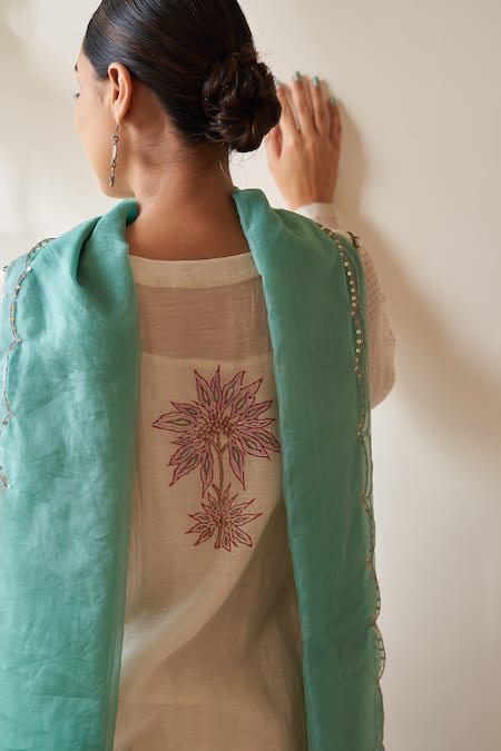 Shop Rekha Agra Beige Handloom Cotton, Organza, Chanderi Sequins, Embroidery, Panelled Kurta Set at Aza Fashions Shop_Rekha Agra_Beige Handloom Cotton, Organza, Chanderi Sequins, Embroidery, Panelled Kurta Set _at_Aza_Fashions