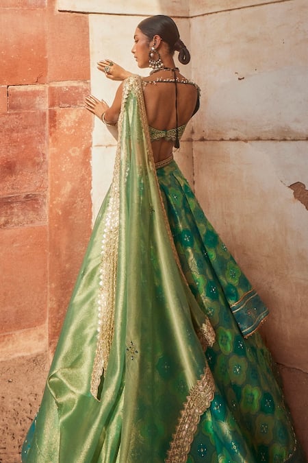 Aditi Gupta Green Chanderi, Brocade Gota Patti, Quatrefoil Meenakari Work Lehenga Set Online at Aza Fashions Aditi Gupta_Green Chanderi, Brocade Gota Patti, Quatrefoil Meenakari Work Lehenga Set _Online_at_Aza_Fashions