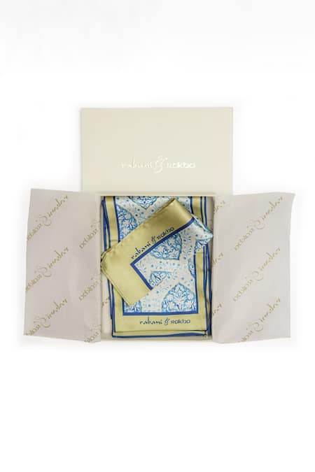 Shop Rabani & Rakha Multi Color Floral Jaal Print Pocket Square And Neck Stole Gift Box - Set Of 2 at Aza Fashions Shop_Rabani & Rakha_Multi Color Floral Jaal Print Pocket Square And Neck Stole Gift Box - Set Of 2 _at_Aza_Fashions