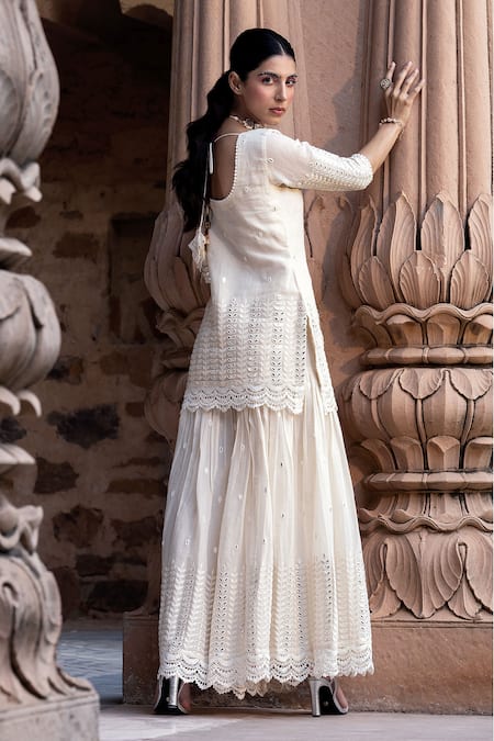 Shop Preevin White Cotton, Shantoon Lace, Mirrors, Embroidery Round Neck Thread Kurta Set at Aza Fashions Shop_Preevin_White Cotton, Shantoon Lace, Mirrors, Embroidery Round Neck Thread Kurta Set _at_Aza_Fashions