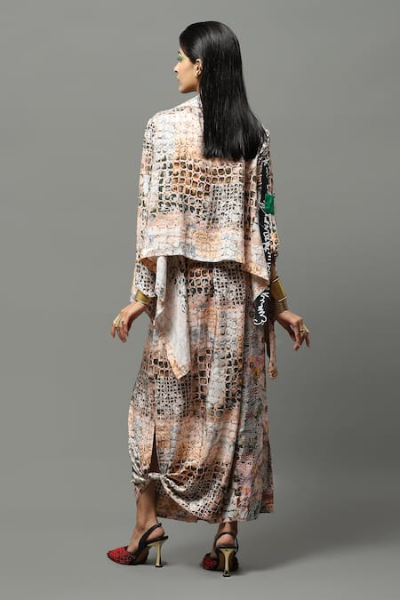 AK-OK Multi Color Silk Embroidery Collared Abstract Print Top And Draped Skirt Set Online at Aza Fashions AK-OK_Multi Color Silk Embroidery Collared Abstract Print Top And Draped Skirt Set _Online_at_Aza_Fashions