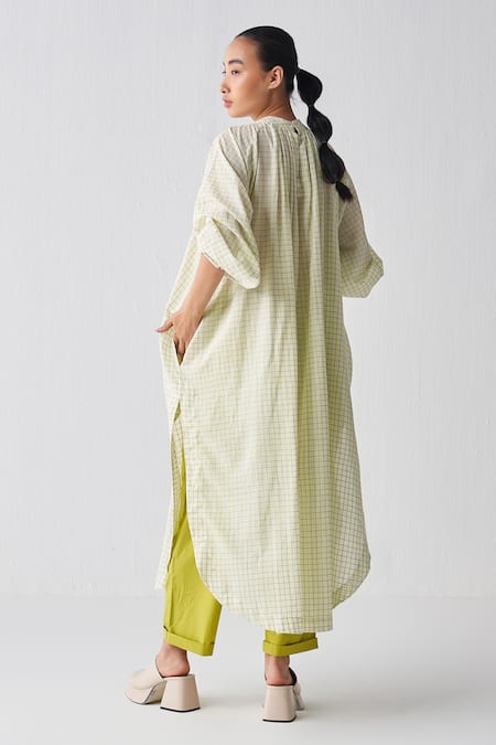 Shop Three Green Tunic Mul Checks Band Collar Lime Checkered And Narrow Pant Set at Aza Fashions Shop_Three_Green Tunic Mul Checks Band Collar Lime Checkered And Narrow Pant Set _at_Aza_Fashions