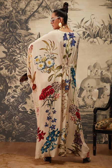 Shop_Kalista_Ivory Crepe Beads V-neck Lauren Botanical Pattern Kaftan _at_Aza_Fashions