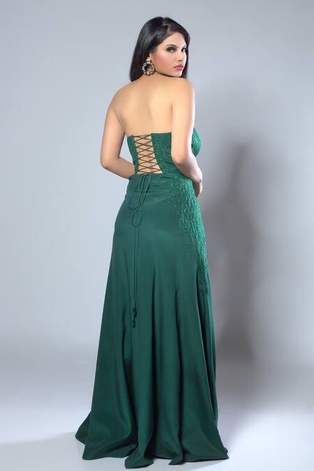 Julie By Julie Shah Emerald Green Crepe Cutdana, Sequin, Salli Sweetheart Neck Embroidered Tube Gown 2