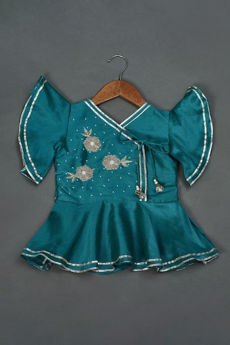 Shop_Maaikid_Green Silk, Cotton Embroidery Zardozi Peplum Top And Afghani Pant Set _at_Aza_Fashions