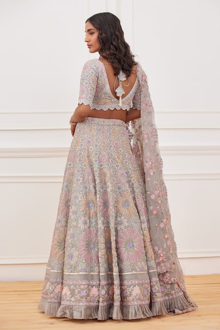 Shop_Rahul Mishra_Grey Lehenga- Silk Embroidery French Knot And Sequin V Inara Floral Bridal Set _at_Aza_Fashions