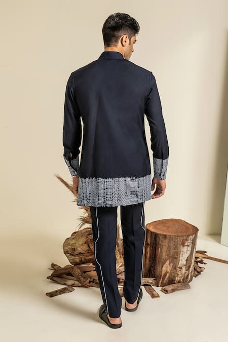 Shop Abkasa Blue Terry Rayon Embroidered Mesh Hem Kurta And Trouser Set at Aza Fashions Shop_Abkasa_Blue Terry Rayon Embroidered Mesh Hem Kurta And Trouser Set _at_Aza_Fashions