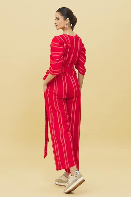 Shop Samyukta Singhania Red Cotton V-neck Stripe Pattern Jumpsuit at Aza Fashions Shop_Samyukta Singhania_Red Cotton V-neck Stripe Pattern Jumpsuit_at_Aza_Fashions
