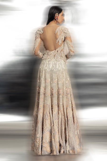 Shop Abhishek Sharma Ivory Organza, Chiffon, Embellished Panelled Jacket And High Waisted Pant Set at Aza Fashions Shop_Abhishek Sharma_Ivory Organza, Chiffon, Embellished Panelled Jacket And High Waisted Pant Set _at_Aza_Fashions