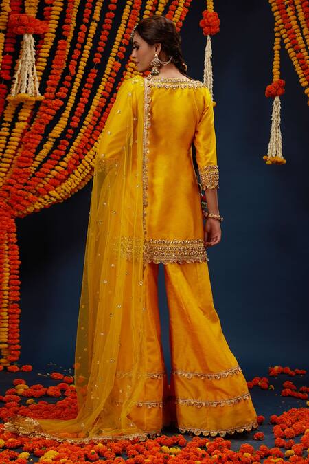 Shop Preeti S Kapoor Yellow Silk, Net Embroidery, Gota Patti Boat Neck Round Kurta Sharara Set at Aza Fashions Shop_Preeti S Kapoor_Yellow Silk, Net Embroidery, Gota Patti Boat Neck Round Kurta Sharara Set _at_Aza_Fashions