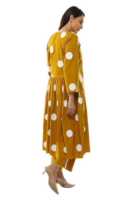 Shop_Khat_Yellow Cotton Round Neck Polka Dot Pattern Dress _at_Aza_Fashions