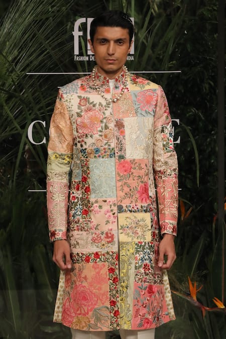 Shop_Varun Bahl_Multi Color Chanderi And Cotton Silk Embroidery Floral Motifs Sherwani Set  _at_Aza_Fashions