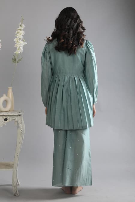 Shop Khat Green Chanderi Silk Sweetheart Neck Box Pleated Top And Pant Set at Aza Fashions Shop_Khat_Green Chanderi Silk Sweetheart Neck Box Pleated Top And Pant Set _at_Aza_Fashions