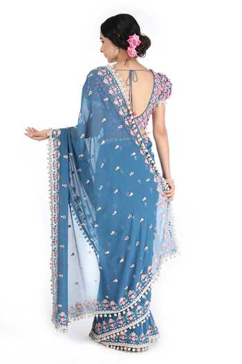 Summer By Priyanka Gupta Blue Chiffon Hand Embroidered 3d Flower Saree With Blouse  2