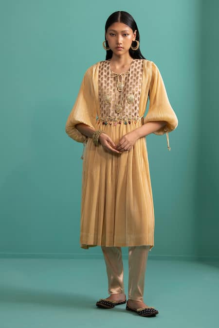 Shop 5elements Beige Polyester Mix Embellished Balloon Sleeve Brocade Yoke Anarkali With Pant at Aza Fashions Shop_5elements_Beige Polyester Mix Embellished Balloon Sleeve Brocade Yoke Anarkali With Pant _at_Aza_Fashions