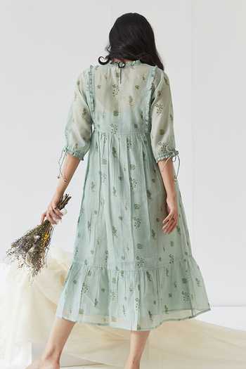 Shop Banera Green Cotton, Silk, Chanderi Embroidery High Rudy Flower Block Print Frill Dress at Aza Fashions Shop_Banera_Green Cotton, Silk, Chanderi Embroidery High Rudy Flower Block Print Frill Dress_at_Aza_Fashions