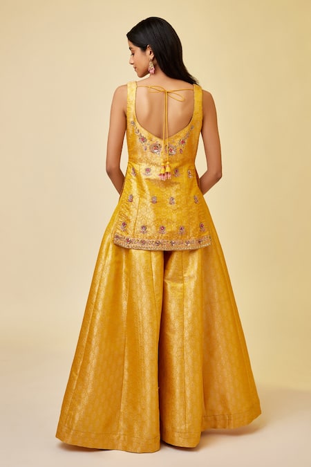 Shop Shyam Narayan Prasad Yellow Brocade, Net Embroidery, Zari Sweetheart Floral Zardozi Kurta Sharara Set at Aza Fashions Shop_Shyam Narayan Prasad_Yellow Brocade, Net Embroidery, Zari Sweetheart Floral Zardozi Kurta Sharara Set _at_Aza_Fashions