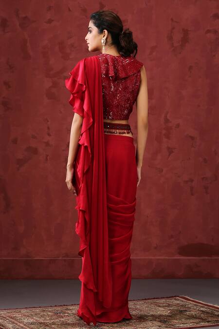 Shop_Minaki_Red Crepe, Organza Sequins, Stones, Cut Work, Pre-draped Ruffle Saree Set _at_Aza_Fashions