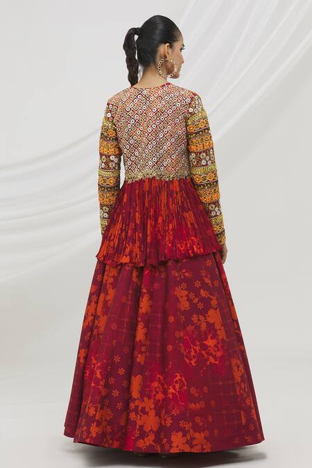 Shop Vikram Phadnis Wine Silk Printed Jaal Square Neck Jacket Lehenga Set at Aza Fashions Shop_Vikram Phadnis_Wine Silk Printed Jaal Square Neck Jacket Lehenga Set _at_Aza_Fashions