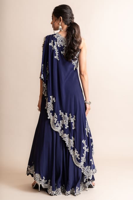 Shop_Nupur Kanoi_Blue Crepe Sequins Hand Embroidered One Shoulder Cape With Sharara _at_Aza_Fashions