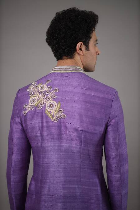 Shop Para Purple Silk, Cotton, Polyester Thread Embroidered Short Sherwani Set at Aza Fashions Shop_Para_Purple Silk, Cotton, Polyester Thread Embroidered Short Sherwani Set_at_Aza_Fashions