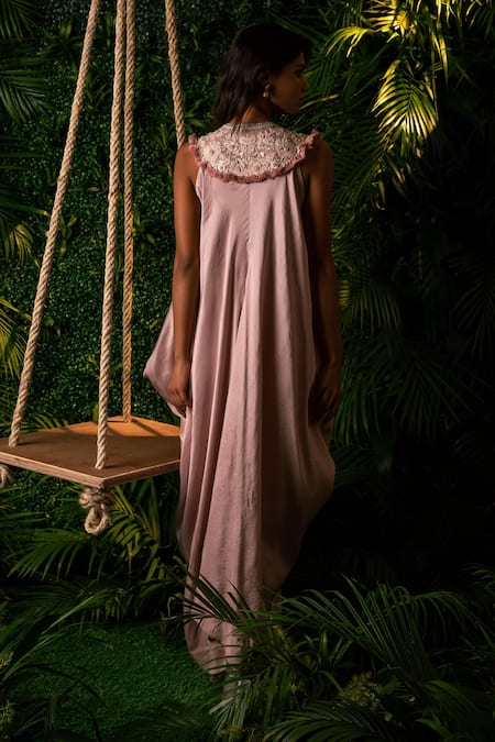 Shop Pallavi Poddar Pink Denim Beads, Cut Work Round Neck Cosmos Draped Jumpsuit at Aza Fashions Shop_Pallavi Poddar_Pink Denim Beads, Cut Work Round Neck Cosmos Draped Jumpsuit _at_Aza_Fashions