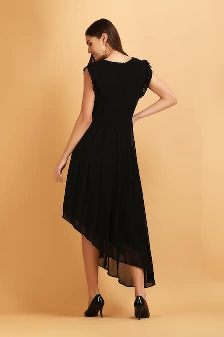 Shop Label Ivish Black Viscose, Georgette Cut Work Round Neck Embroidered Bodice Asymmetric Dress at Aza Fashions Shop_Label Ivish_Black Viscose, Georgette Cut Work Round Neck Embroidered Bodice Asymmetric Dress _at_Aza_Fashions