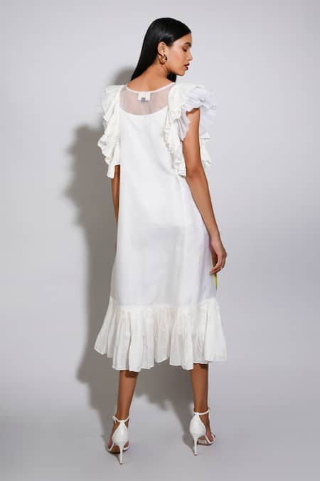 Shop Itara White Organza, Slip Silk Applique Round La Pearla Pleated Dress at Aza Fashions Shop_Itara_White Organza, Slip Silk Applique Round La Pearla Pleated Dress_at_Aza_Fashions