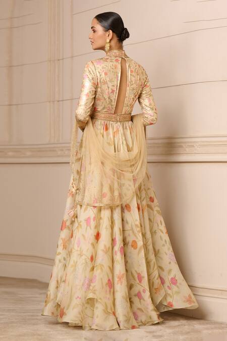 Shop_Tarun Tahiliani_Beige Satin, Organza, Net, Tulle, Chiffon Embroidery Garden Print Anarkali Set_at_Aza_Fashions