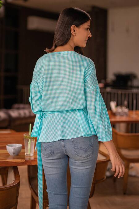 Shop B'Infinite Blue Cotton Chequered V Neck Pattern Overlap Top at Aza Fashions Shop_B'Infinite_Blue Cotton Chequered V Neck Pattern Overlap Top_at_Aza_Fashions