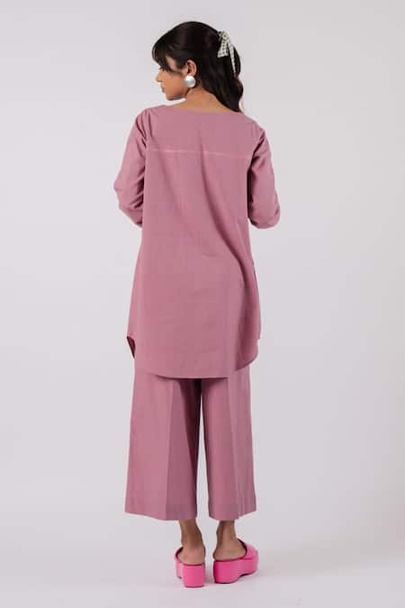 Shop Tussah By Siddhi Shah Purple Cotton Threadwork Round Buttoned Flap Tunic With Culottes at Aza Fashions Shop_Tussah By Siddhi Shah_Purple Cotton Threadwork Round Buttoned Flap Tunic With Culottes _at_Aza_Fashions