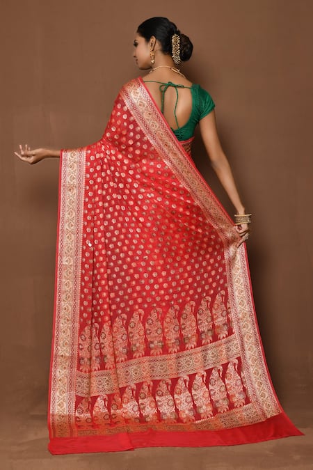 Shop_Samyukta Singhania_Red Georgette Embroidery Woven Floral Scatter Saree _at_Aza_Fashions