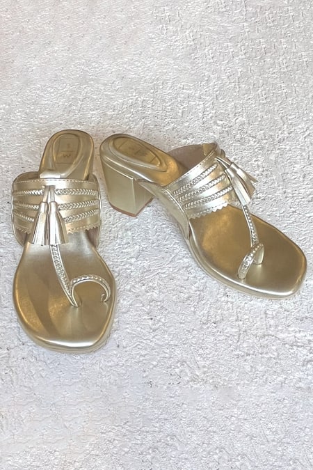 Shop Sandalwali Gold Alia Kolhapuri Block Heels at Aza Fashions Shop_Sandalwali_Gold Alia Kolhapuri Block Heels _at_Aza_Fashions