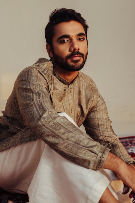 Shop Ankita Shahabadi Green Silk And Embroidery Geometric Linear Overlap Placket Kurta Set at Aza Fashions Shop_Ankita Shahabadi_Green Silk And Embroidery Geometric Linear Overlap Placket Kurta Set _at_Aza_Fashions