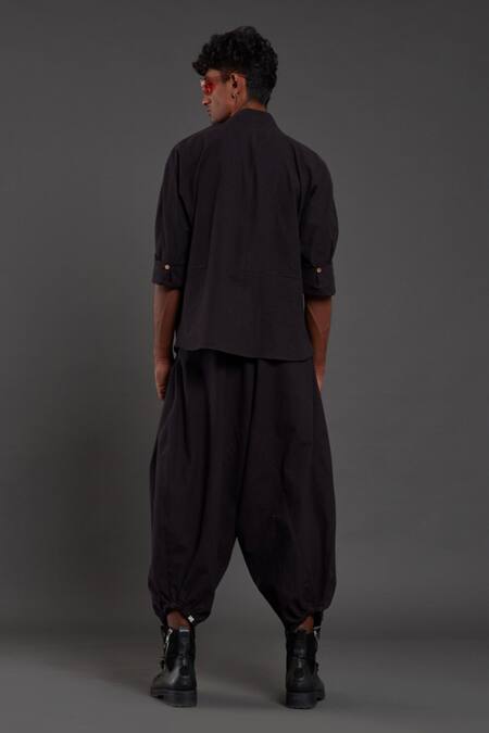 Shop MATI Black 100% Cotton Plain Overlap Shirt And Pant Set at Aza Fashions Shop_MATI_Black 100% Cotton Plain Overlap Shirt And Pant Set_at_Aza_Fashions