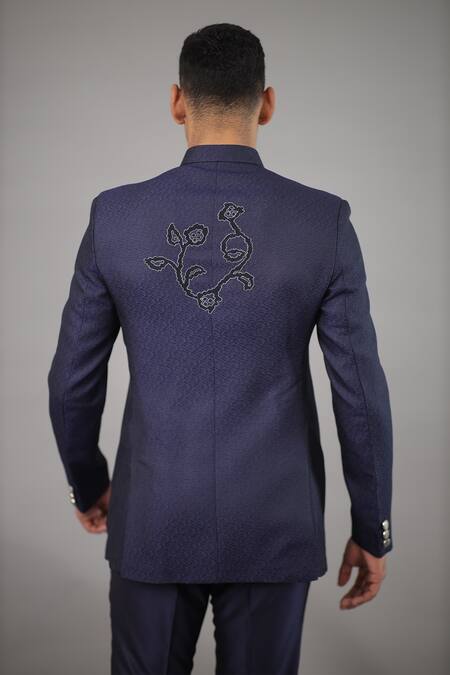 Shop Para Blue Jacquard, Suede Embroidery Bandhgala Set at Aza Fashions Shop_Para_Blue Jacquard, Suede Embroidery Bandhgala Set_at_Aza_Fashions