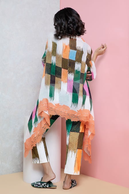 Rhe-Ana Abstract Print Overlay Cape & Straight Pant Set 