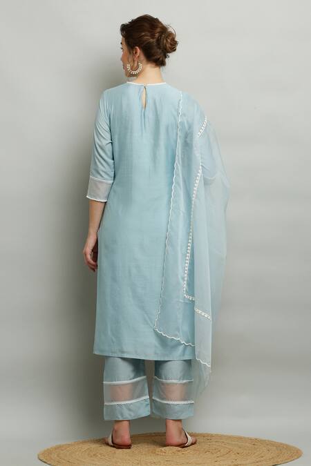 Shop Kefi Collections Blue Cotton, Organza, Chanderi Embroidery, Lace Round Aasmaani Yoke Kurta Set at Aza Fashions Shop_Kefi Collections_Blue Cotton, Organza, Chanderi Embroidery, Lace Round Aasmaani Yoke Kurta Set_at_Aza_Fashions