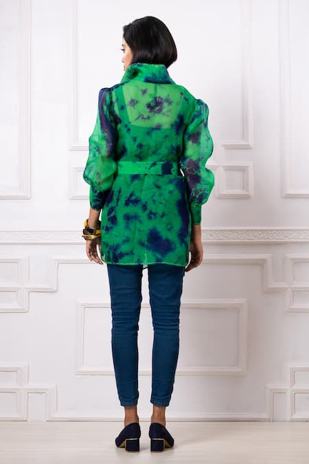 Shop Megha Garg Blue Organza Embroidery Scoop Neck Marble Dye Jacket With Top at Aza Fashions Shop_Megha Garg_Blue Organza Embroidery Scoop Neck Marble Dye Jacket With Top _at_Aza_Fashions