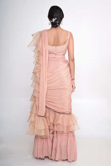 Merge Design Embroidered Sharara Pant Saree Set 