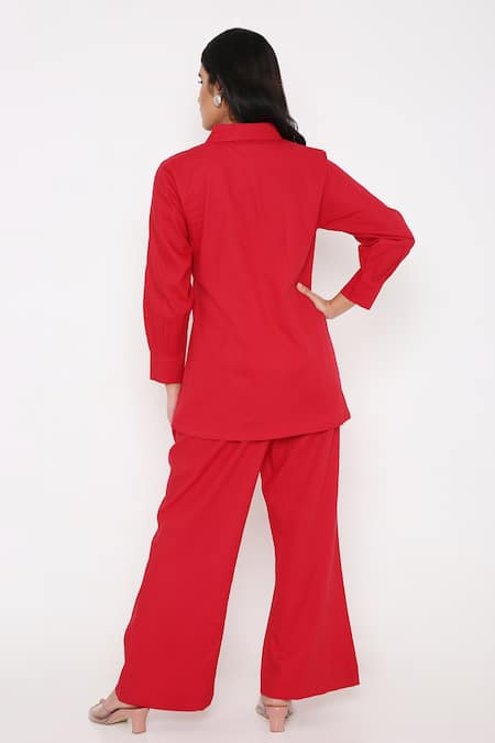 Shop Bha Sha Red Modal, Satin Collared Tunic With Pant at Aza Fashions Shop_Bha Sha_Red Modal, Satin Collared Tunic With Pant _at_Aza_Fashions